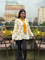 White Sunflower Print Shirt with Yellow Tie Scarf