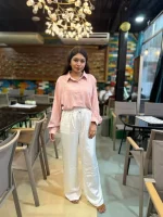 Light Pink Button-Down Shirt with White Wide-Leg Trousers - Image 4