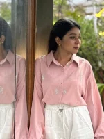 Light Pink Button-Down Shirt with White Wide-Leg Trousers