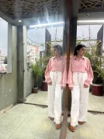 Light Pink Button-Down Shirt with White Wide-Leg Trousers - Image 2